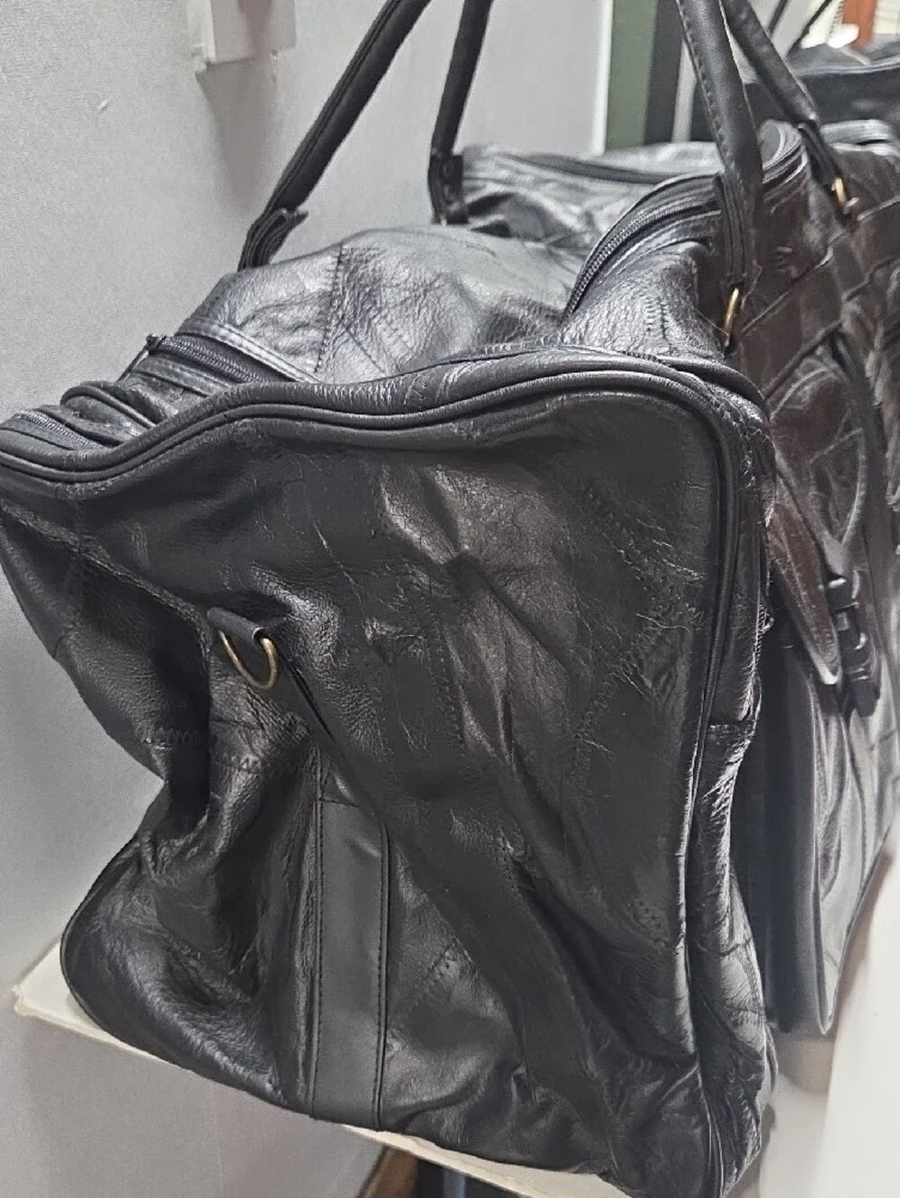 Black Leather Duffel Bag with Front Pockets - Unbranded